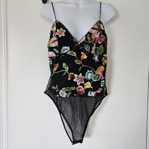 Topshop Bodysuit 10 Babydoll Mesh Sheer Embroidered Coquette Festival Fairy